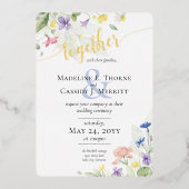 シンプルエレガント水の色ワイルドフラワーボホ結婚の 箔招待状 (正面)