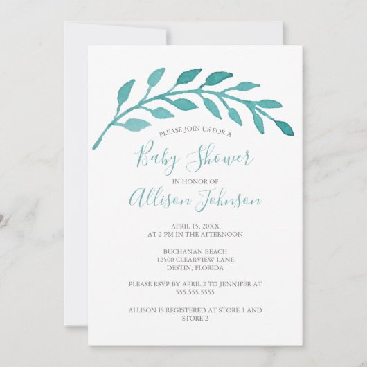 シンプルエレガント水カラーティール(緑がかった色)つる植物ベビーシャワー 招待状 (正面)