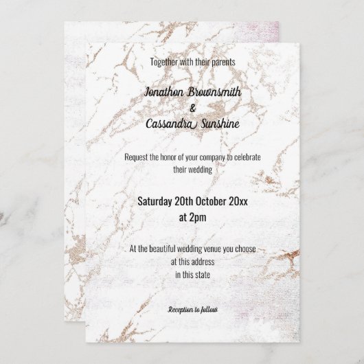 シンプルエレガント白のバラの金ゴールド大理石結婚の 招待状 (正面/裏面)