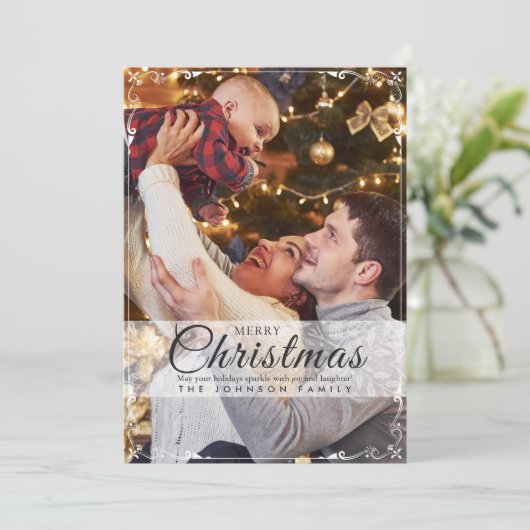 シンプルエレガント白フレーム写真クリスマス シーズンカード (スタンド正面)