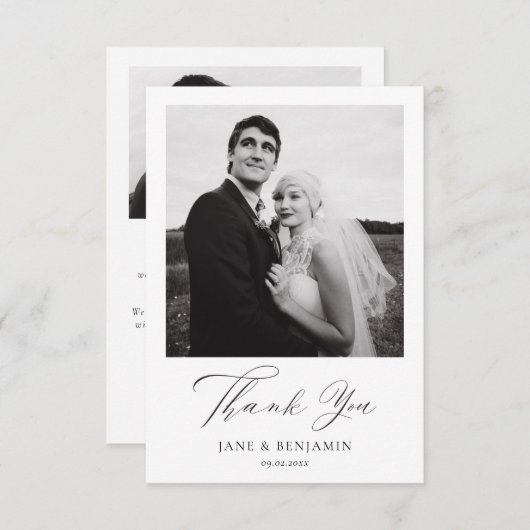 シンプルエレガント白結婚の2枚の写真 サンキューカード (正面/裏面)