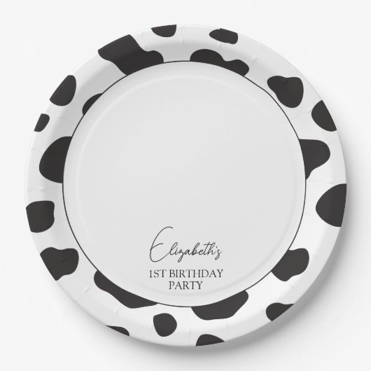 シンプルエレガント白黒の牛の誕生日パーティー ペーパープレート (正面)