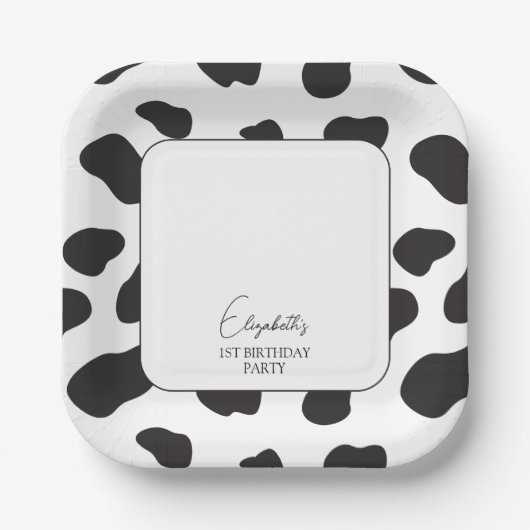 シンプルエレガント白黒の牛の誕生日パーティー ペーパープレート (正面)