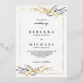 シンプルエレガント白黒の結婚葉実在の 箔招待状 (正面)