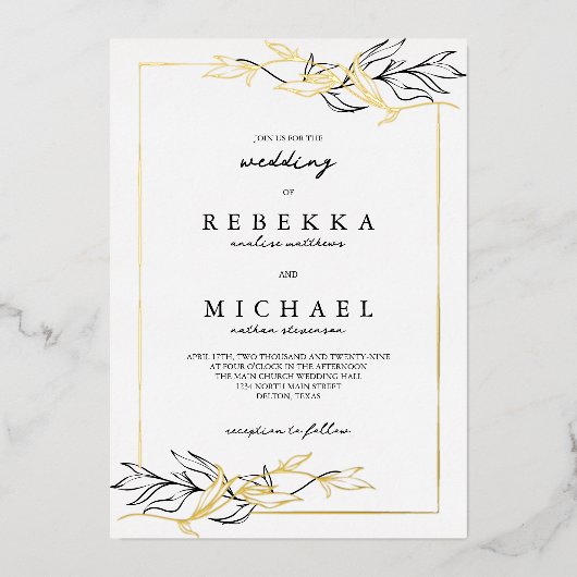 シンプルエレガント白黒の結婚葉実在の 箔招待状 (正面)