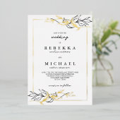 シンプルエレガント白黒の結婚葉実在の 箔招待状 (立ち正面)