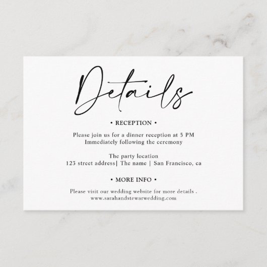 シンプルエレガント白黒スクリプトの結婚詳細 エンクロージャーカード (正面)