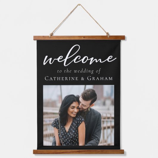 シンプルエレガント白黒スクリプト結婚写真 吊り下げ型タペストリー (正面)