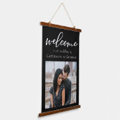 シンプルエレガント白黒スクリプト結婚写真 吊り下げ型タペストリー (傾斜あり)