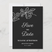 シンプルエレガント白黒フローラ保存日付 招待状 (正面)