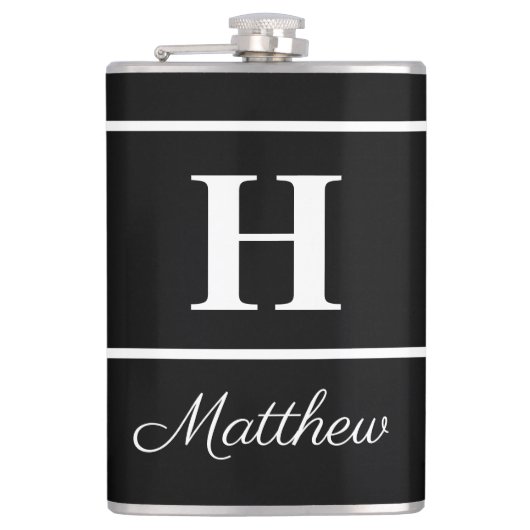 シンプルエレガント白黒モノグラムモノグラムの フラスク (正面)