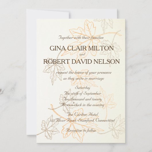 シンプルエレガント紅葉のアウトライン秋の結婚式 招待状 (正面)