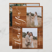 シンプルエレガント素朴Wood Script 5写真結婚s サンキューカード (正面/裏面)