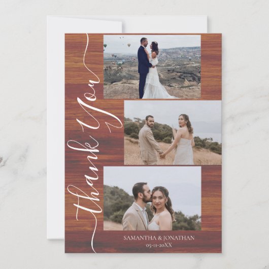 シンプルエレガント素朴Wood Script 6写真結婚s サンキューカード (正面)