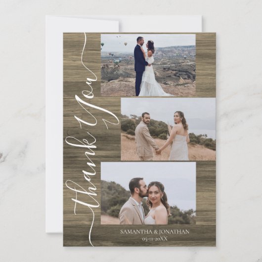 シンプルエレガント素朴Wood Script 6写真結婚s サンキューカード (正面)
