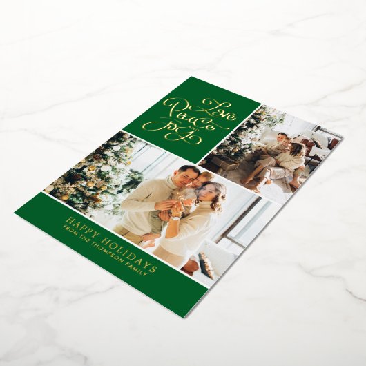 シンプルエレガント緑の愛Peace Joy写真コラージュ 箔シーズンカード (回転した状態)