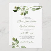 シンプルエレガント緑の葉の結婚スクリプト 招待状 (正面/裏面)