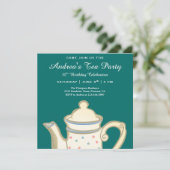 シンプルエレガント茶ポット | ティール(緑がかった色)誕生日ティーパーティー 招待状 (スタンド正面)