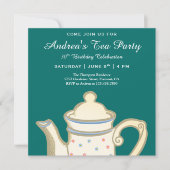 シンプルエレガント茶ポット | ティール(緑がかった色)誕生日ティーパーティー 招待状 (正面)