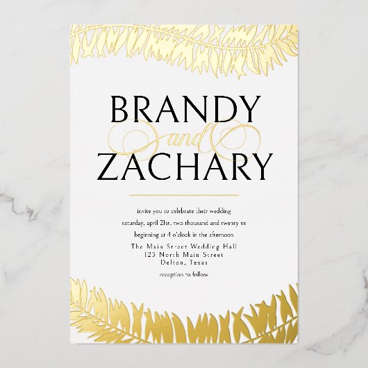 シンプルエレガント葉の結婚白い金ゴールド 箔招待状 (正面)