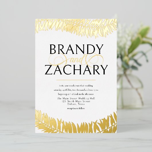 シンプルエレガント葉の結婚白い金ゴールド 箔招待状 (立ち正面)