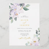 シンプルエレガント薄紫水色フローラ結婚の 箔招待状 (正面)