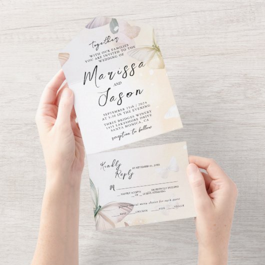 シンプルエレガント蝶結婚類 オールインワン招待状 (貼ってはがせる)