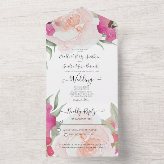 シンプルエレガント赤面フシアピンク オールインワン招待状 (内側)