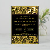 シンプルエレガント金ゴールドとブラック結婚ズ 箔招待状 (立ち正面)