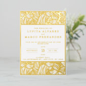 シンプルエレガント金ゴールドと白結婚実在の 箔招待状 (立ち正面)