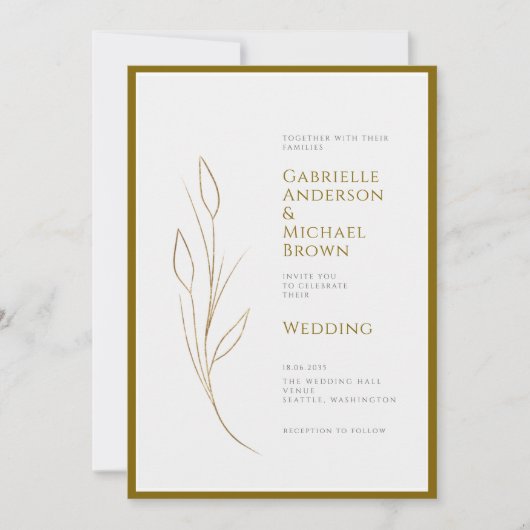 シンプルエレガント金ゴールドグミニマル結婚フローラ 招待状 (正面)