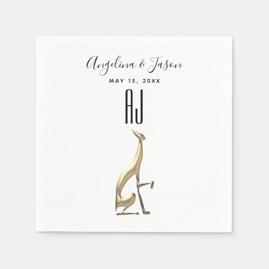 シンプルエレガント金ゴールドドッグ白黒結婚ズ スタンダードカクテルナプキン (正面)