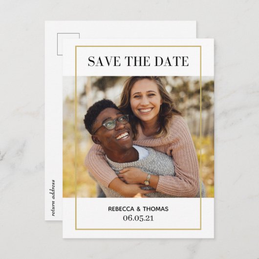 シンプルエレガント金ゴールドフレーム写真の保存日付 案内ポストカード (正面/裏面)
