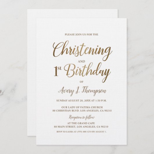 シンプルエレガント金ゴールドホワイト《キリスト教》洗礼式や命名式1st誕生日 招待状 (正面/裏面)