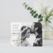 シンプルエレガント金ゴールド写真の結婚式の日付を保存 案内ポストカード (スタンド正面)