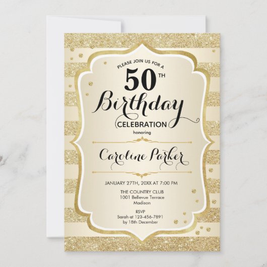 シンプルエレガント金ゴールド写真50誕生日 招待状 (正面)