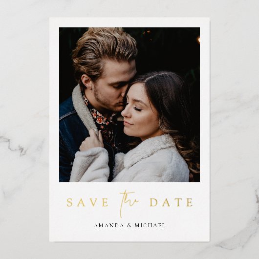 シンプルエレガント金ゴールド写真Save the Date 結婚's 箔招待状 (正面)