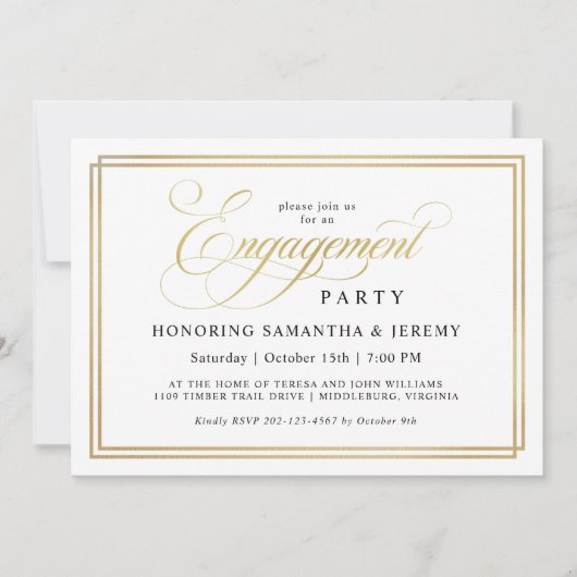 シンプルエレガント金ゴールド書道婚約パーティ 招待状 (正面)