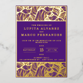 シンプルエレガント金ゴールド紫結婚紫 箔招待状