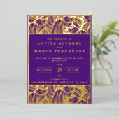 シンプルエレガント金ゴールド紫結婚紫 箔招待状 (立ち正面)