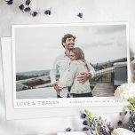 シンプルエレガント青のスクリプカスタムトの写真結婚s サンキューカード<br><div class="desc">この写真のサンキューカードシンプルテンプレートはスタイリッシュ、あなたの写真の下にあなたの名前と日付を備え、「愛と感謝」と一緒に結婚、あなたの日付とロケールは青の中程度の暗い色合いで結婚す。このデザインの前後の様々な文字要素に使用されるフォント、句読点、色を変更する場合がある。背景の色相を選んだのは白くない、白い煙と呼ばれる非常に明るい灰色だ。編集ツールで基本色の1つを選択するか、研究で見つけた特定の色相を念頭に置いて別の色番号を入力するもしか、またはカラースペクトルツールを見て何かを見ることによって簡単に変更できる。カードを手に入れたときに手動で署名する場合もしは、名前の有無にかかわらず、削除して自分のメッセージで置き換えるプレースホルダ文字を背面に配置した。しかし、単に私たちのプレースホルダの文字とバックを完全に削除することを選択す離れることもでき空白のる書。そうすれば、各カードに手でメッセージを送信し、あなたの名前に署名することができる。デフォルトの紙タイプであるマットは、ソフトな暖かさを持ち、汚れに抵抗するため素晴らし、自分のメッセージに書対する選択である。これを編集して、セミグロスまたは別の紙タイプを選択できる。カードの両側にサンプル/プレースホルダー文字を全て削除する！カードの前面で使用した青いトーンと同じ色が背面の文字のデフォルトの色ですが、スタイルに合わせて色やフォントを変更できます。直感的なデザインツール、写真お気に入りのとインスピレーションを使用して、このシックなモダンサンキューカードを独自の結婚にする！様々な形式の他のミニマルモダンリストのサンキューカードの選択結婚があるので、より多くのアイディアのために私たちの店を参照してください！</div>