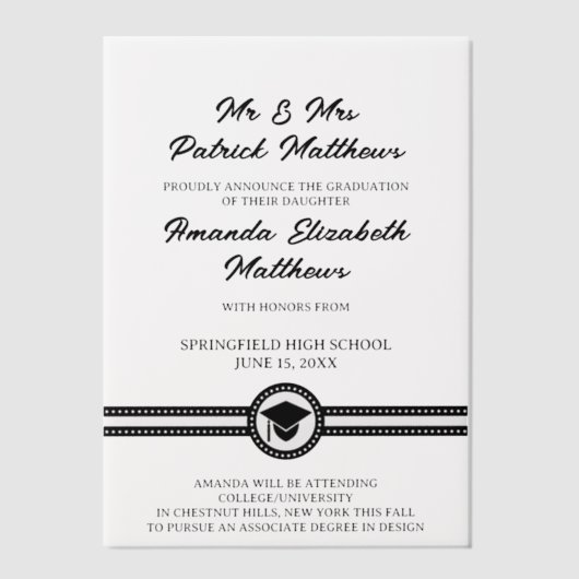 シンプルエレガント黒台卒業モダン ベラム紙招待状 (正面)