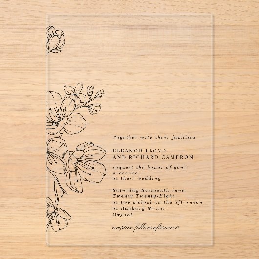 シンプルエレガント黒花フローラ結婚ズ アクリル招待状 (正面)