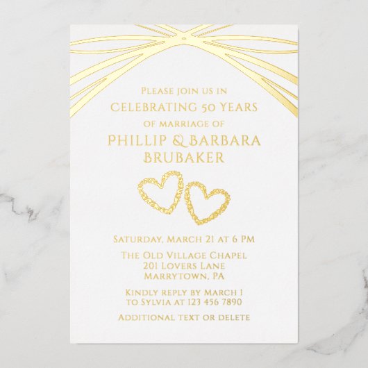 シンプルエレガント3月金ゴールド50結婚周年 箔招待状 (正面)