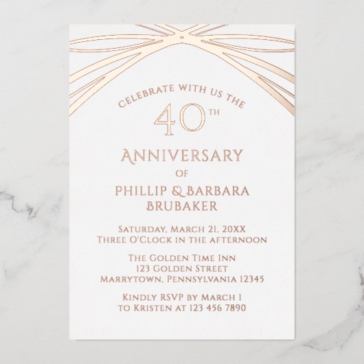 シンプルエレガント3月40日結婚記念バラ 箔招待状 (正面)