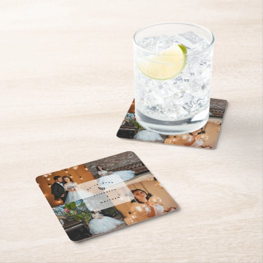 シンプルエレガント4写真コラージュ結婚式 スクエアペーパーコースター (インサイチュ)