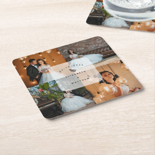 シンプルエレガント4写真コラージュ結婚式 スクエアペーパーコースター (アングル)