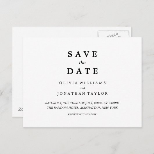 シンプルエレガント | ウェディング日付はがきを保存 案内ポストカード (正面/裏面)