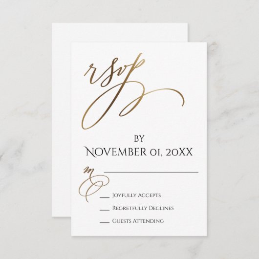 シンプルエレガント、スムーズ金ゴールドタイポグラフィ 出欠カード (正面/裏面)