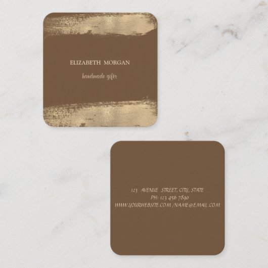 シンプルエレガント、ミニマルフェイク、金ゴールドブラシストローク スクエア名刺 (正面/裏面)